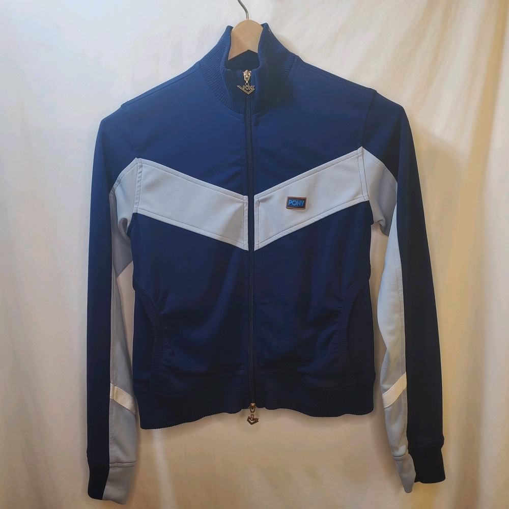 VTG 1980s Pony Track Jacket Womens L Blue Full Zip Logo Sweatshirt Athleisure